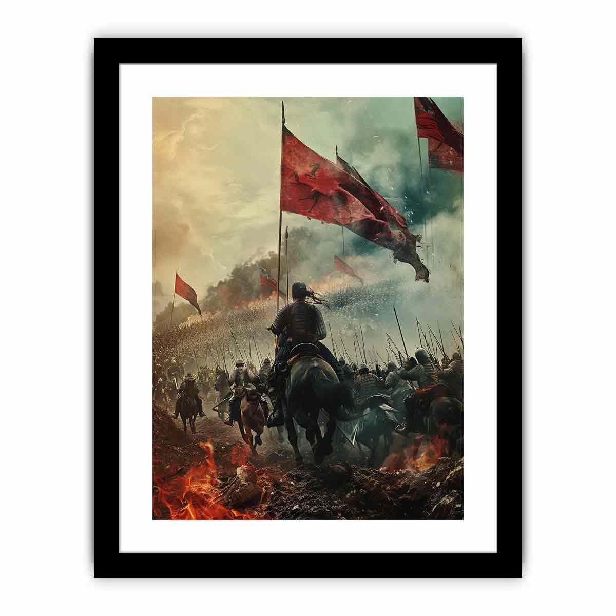 Epic cavalry battle with red flags historical fantasy realism canvas art for modern home decor.