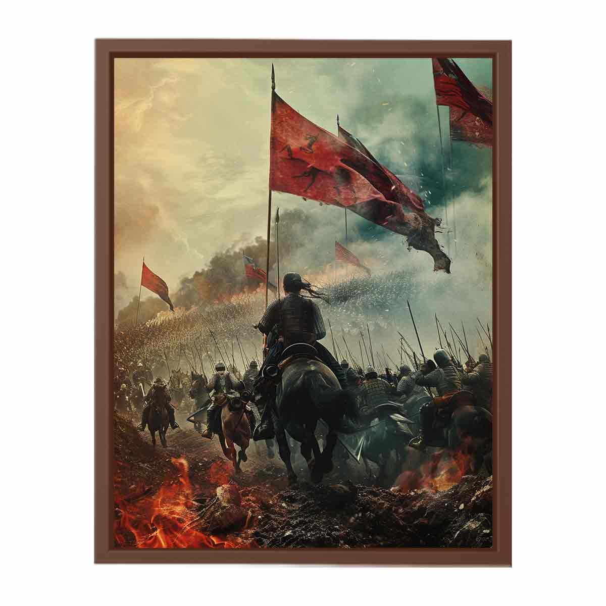 Epic cavalry battle with red flags historical fantasy realism canvas art for modern home decor.