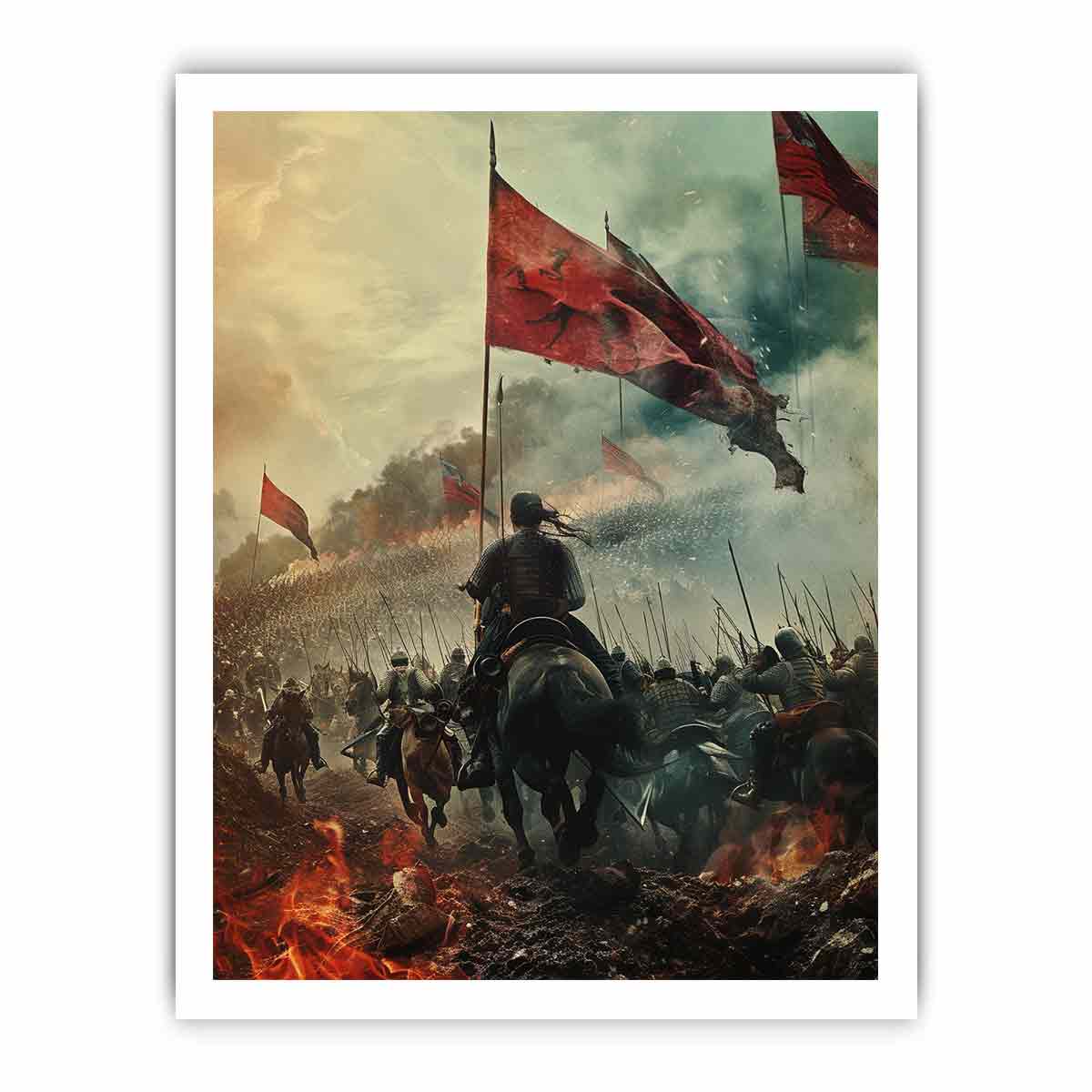 Epic cavalry battle with red flags historical fantasy realism canvas art for modern home decor.