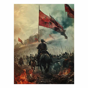 Epic cavalry battle with red flags historical fantasy realism canvas art for modern home decor.