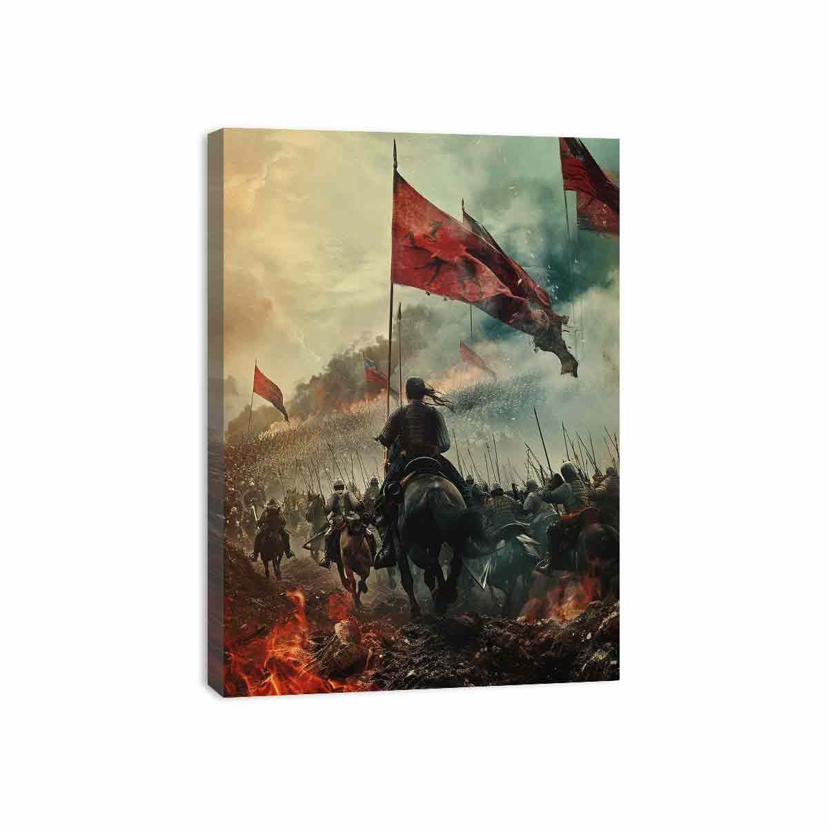 Epic cavalry battle with red flags historical fantasy realism canvas art for modern home decor.