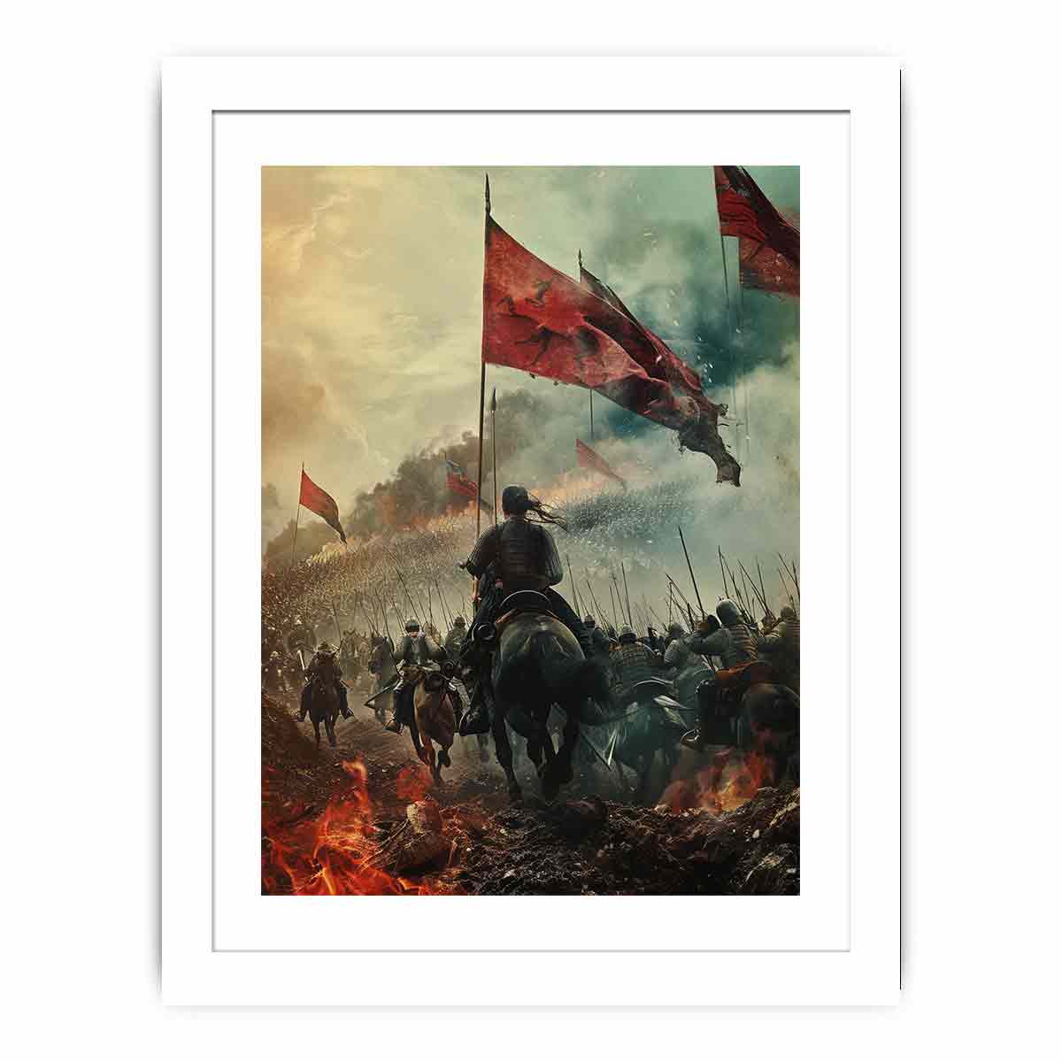 Epic cavalry battle with red flags historical fantasy realism canvas art for modern home decor.