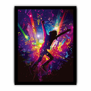 Dancer silhouette in neon music scene pop art digital illustration canvas art for modern home decor.