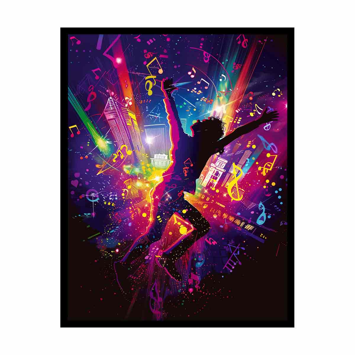 Dancer silhouette in neon music scene pop art digital illustration canvas art for modern home decor.