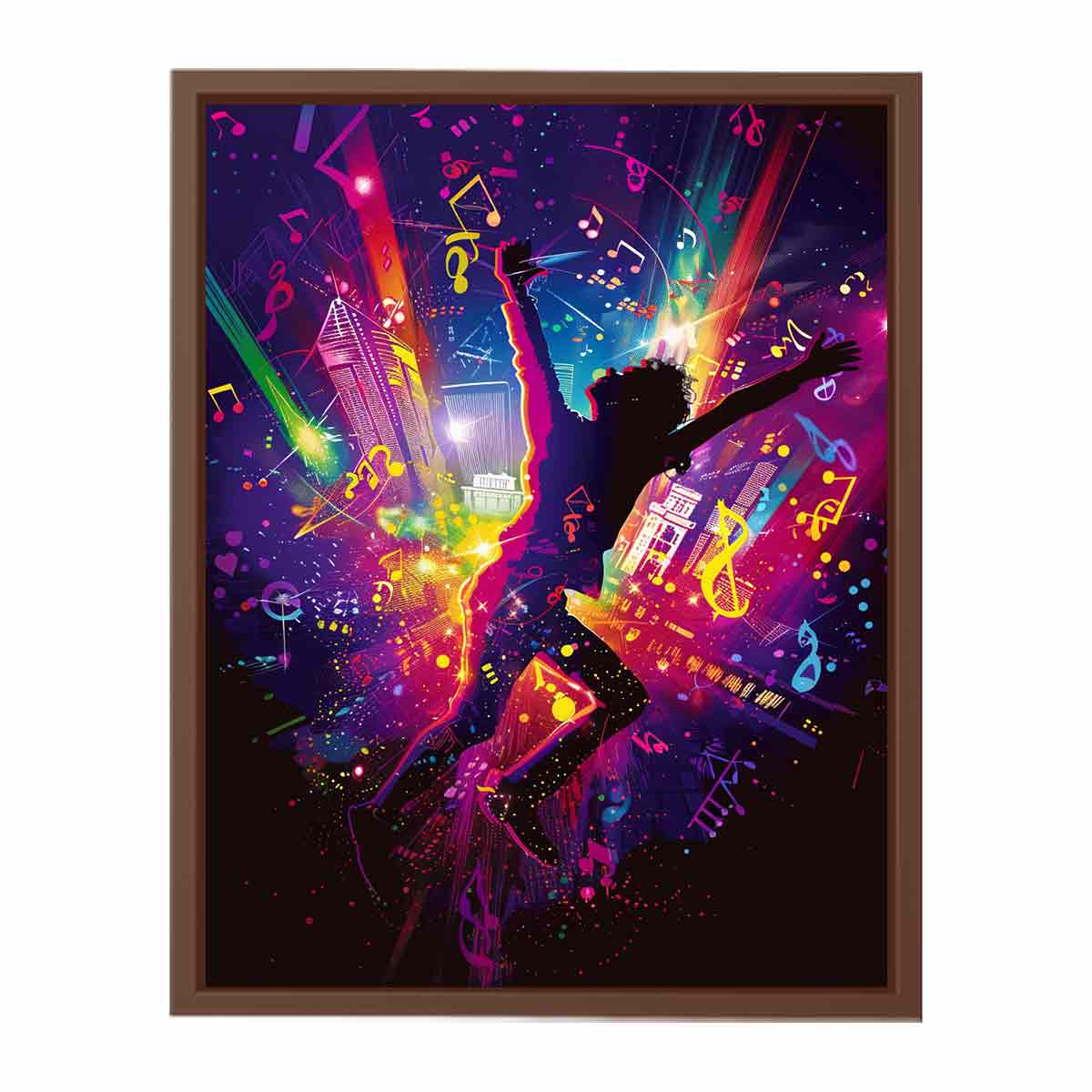 Dancer silhouette in neon music scene pop art digital illustration canvas art for modern home decor.