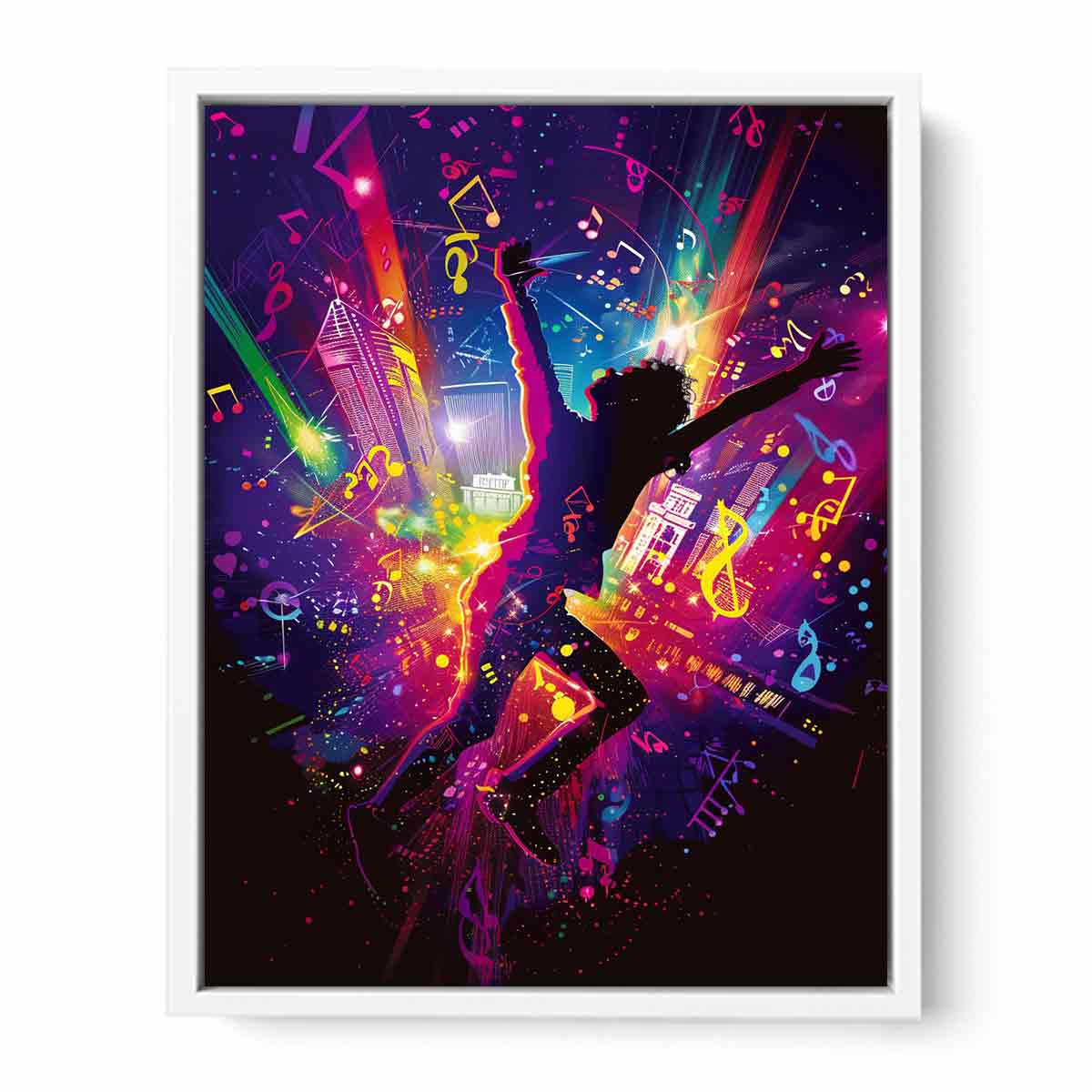 Dancer silhouette in neon music scene pop art digital illustration canvas art for modern home decor.