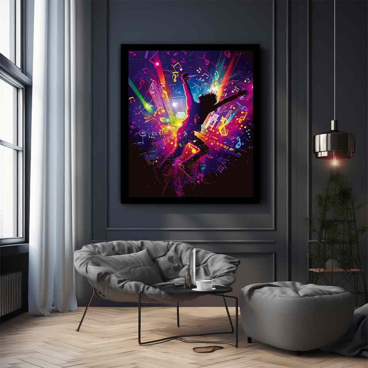Dancer silhouette in neon music scene pop art digital illustration canvas art for modern home decor.
