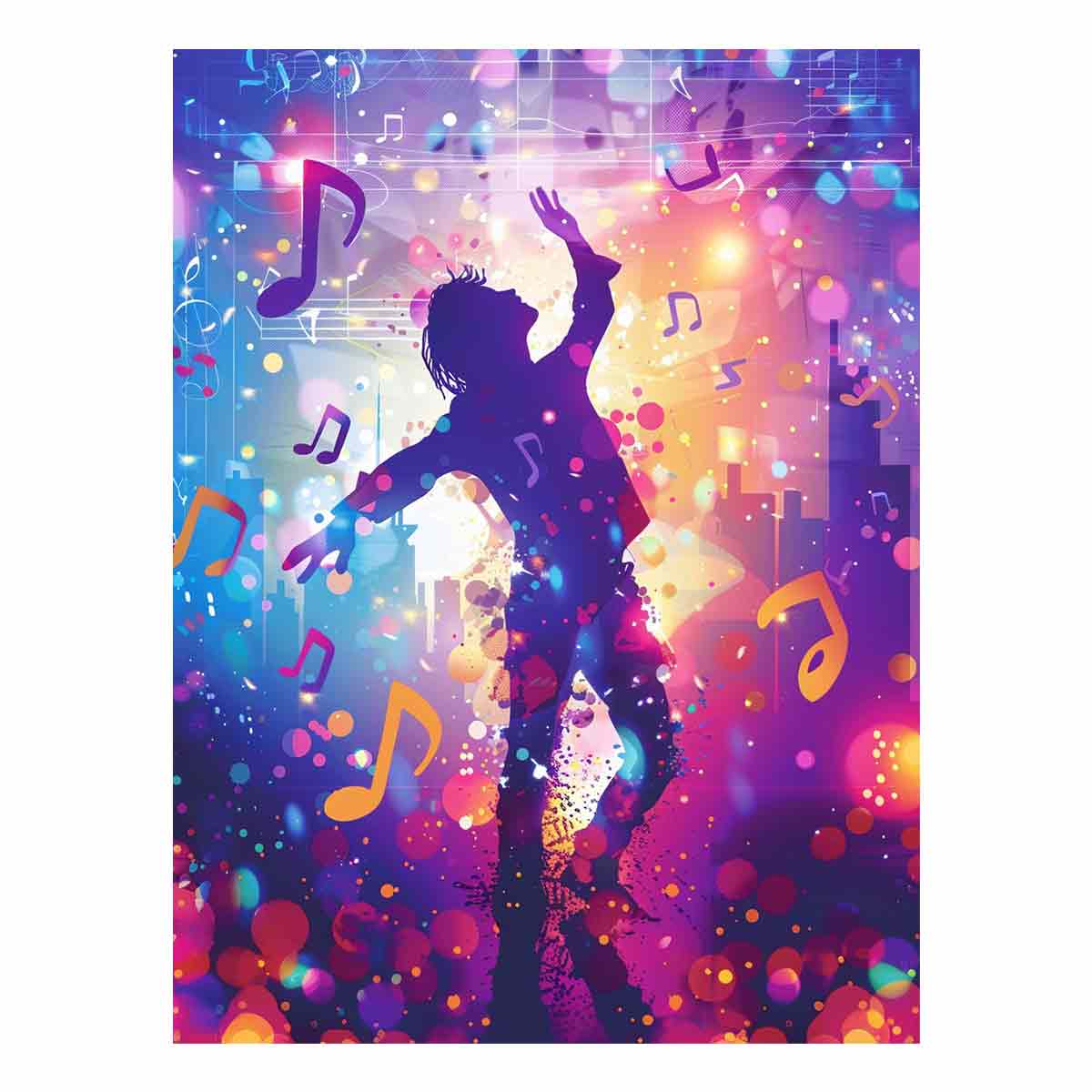Dancing silhouette with pastel music notes colorful music illustration canvas art for modern home decor.
