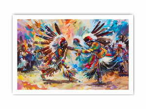 Vibrant indigenous inspired dancers in ceremonial dress expressionist cultural painting canvas art for modern home decor.