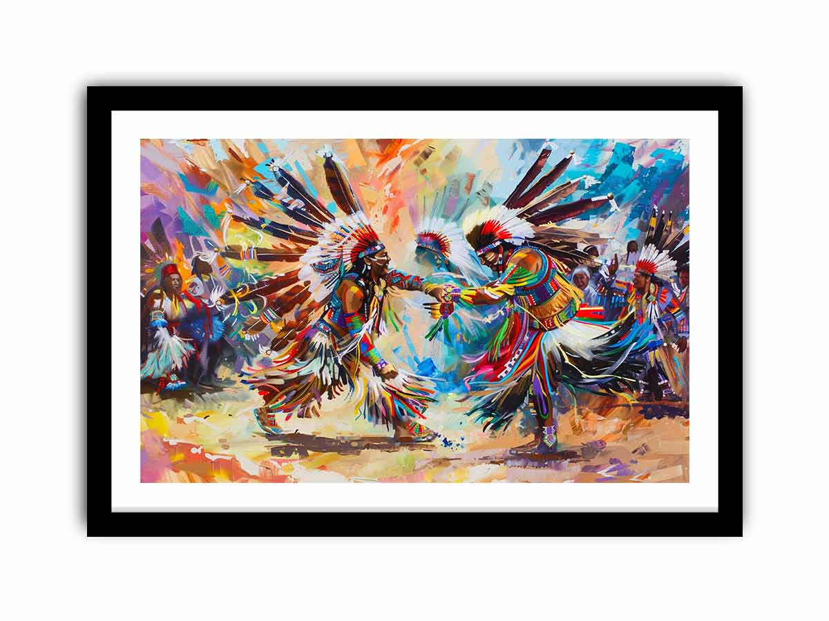 Vibrant indigenous inspired dancers in ceremonial dress expressionist cultural painting canvas art for modern home decor.
