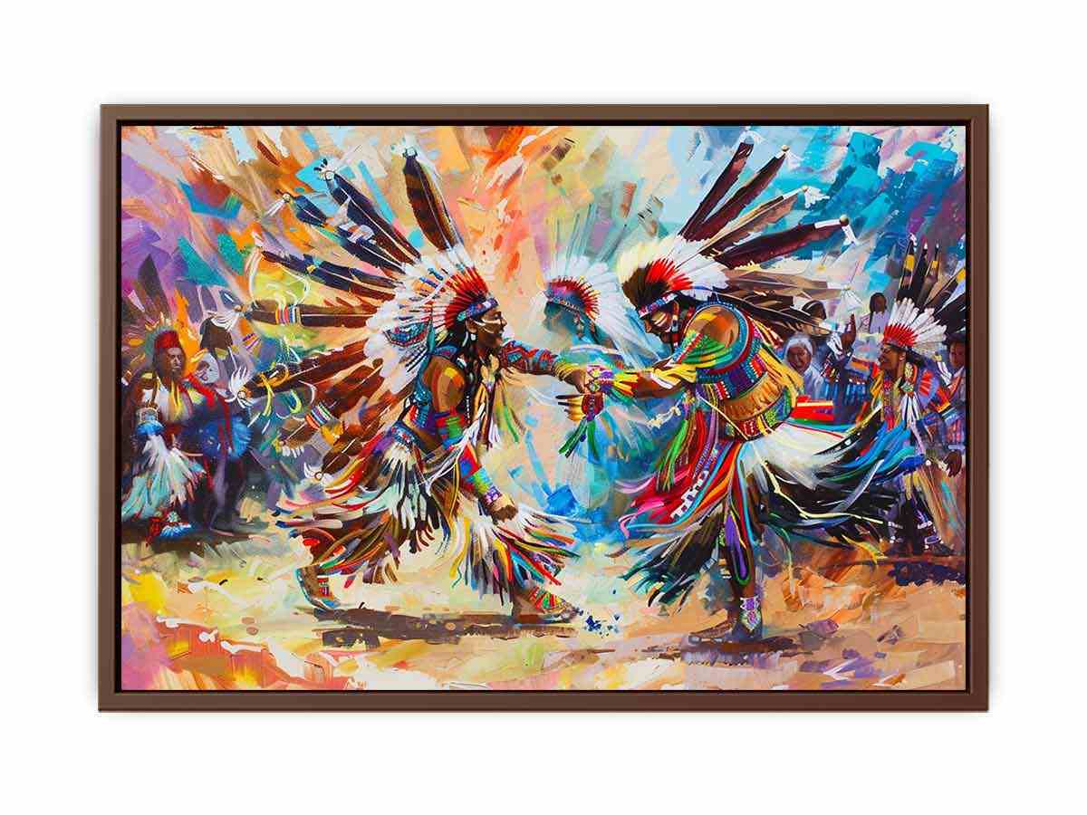 Vibrant indigenous inspired dancers in ceremonial dress expressionist cultural painting canvas art for modern home decor.