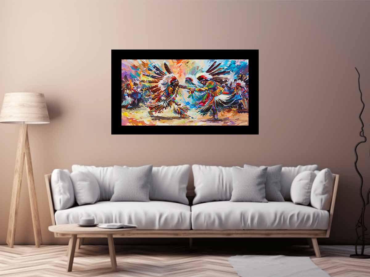 Vibrant indigenous inspired dancers in ceremonial dress expressionist cultural painting canvas art for modern home decor.