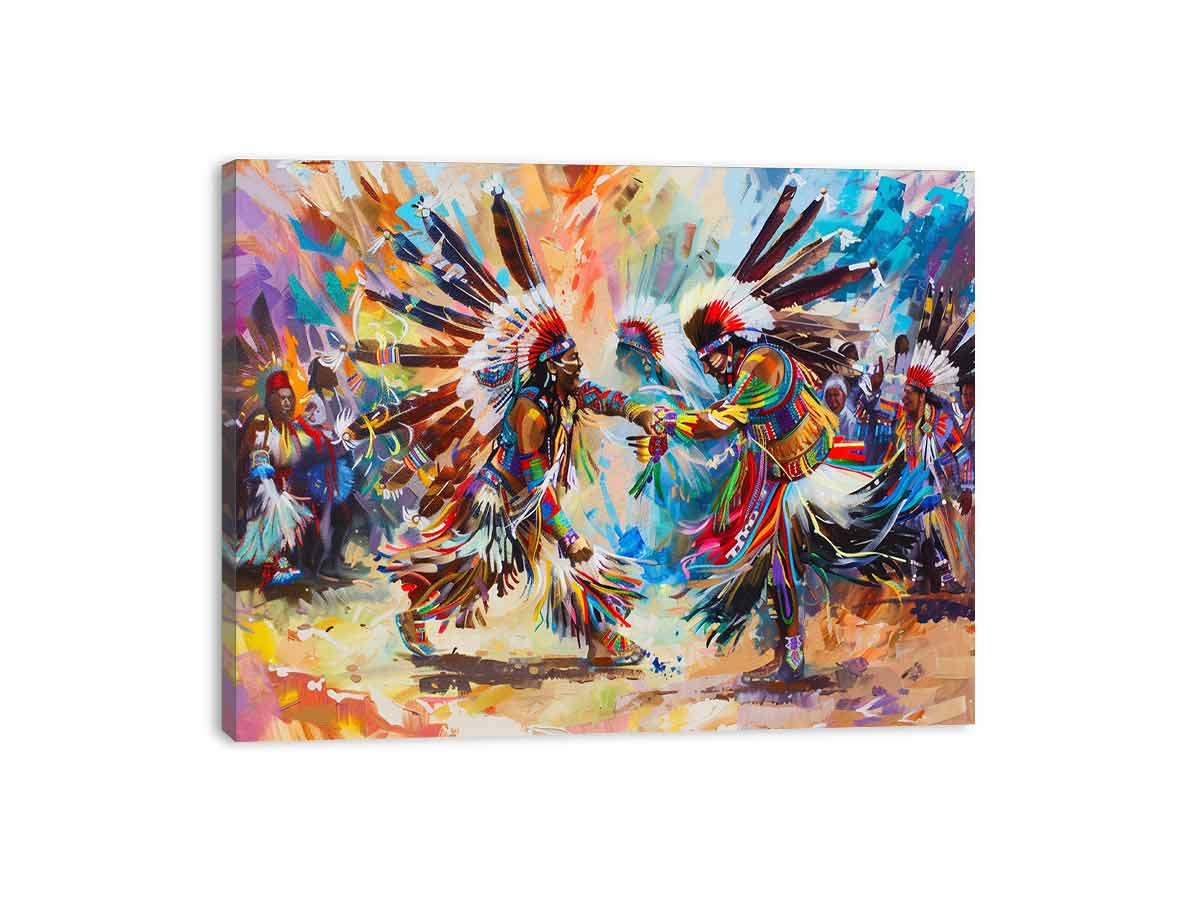 Vibrant indigenous inspired dancers in ceremonial dress expressionist cultural painting canvas art for modern home decor.