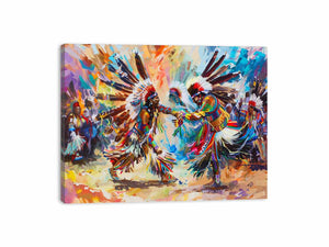 Vibrant indigenous inspired dancers in ceremonial dress expressionist cultural painting canvas art for modern home decor.