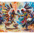 Vibrant indigenous inspired dancers in ceremonial dress expressionist cultural painting canvas art for modern home decor.