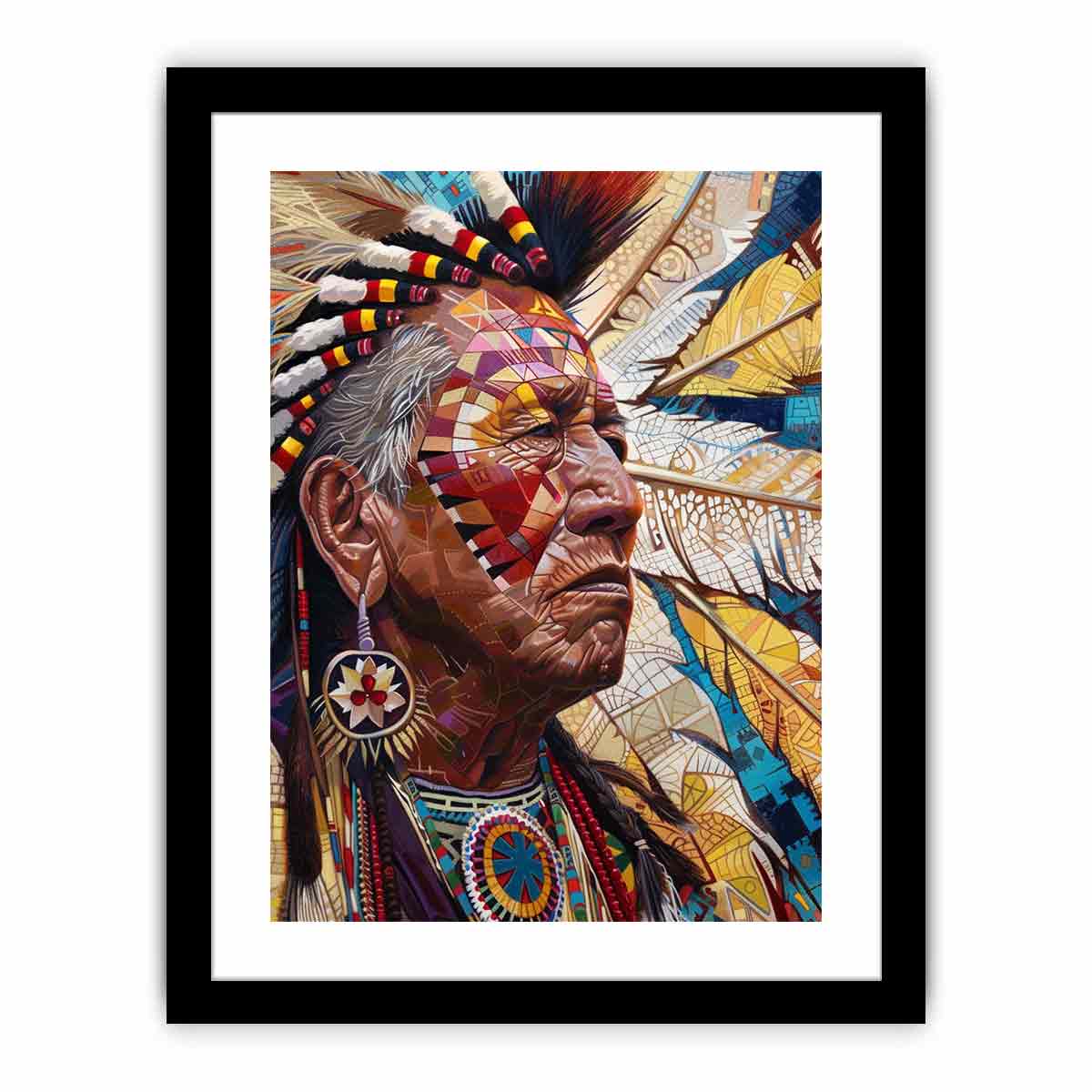 Detailed portrait with feathers and geometric face paint contemporary portrait illustration canvas art for modern home decor.
