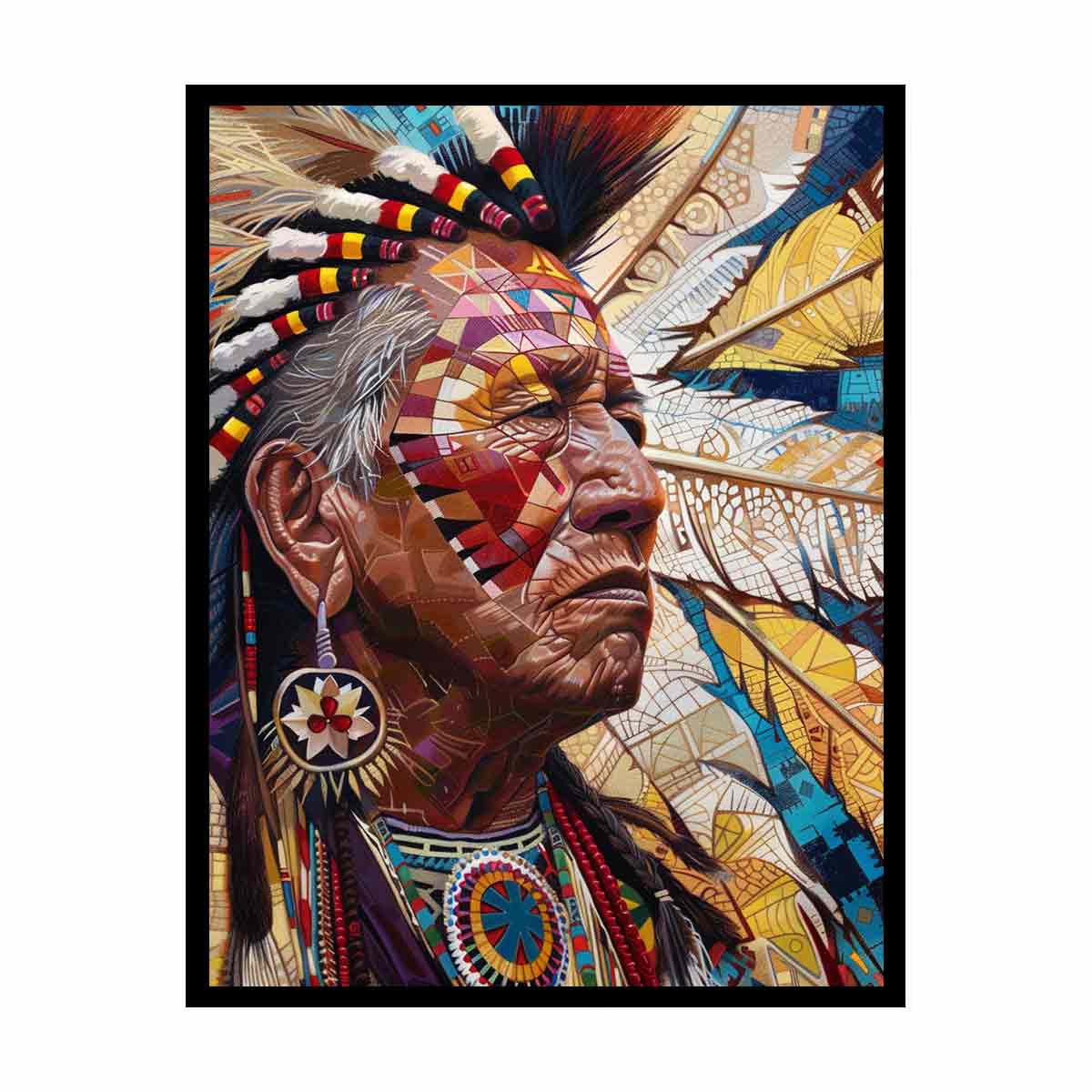 Detailed portrait with feathers and geometric face paint contemporary portrait illustration canvas art for modern home decor.