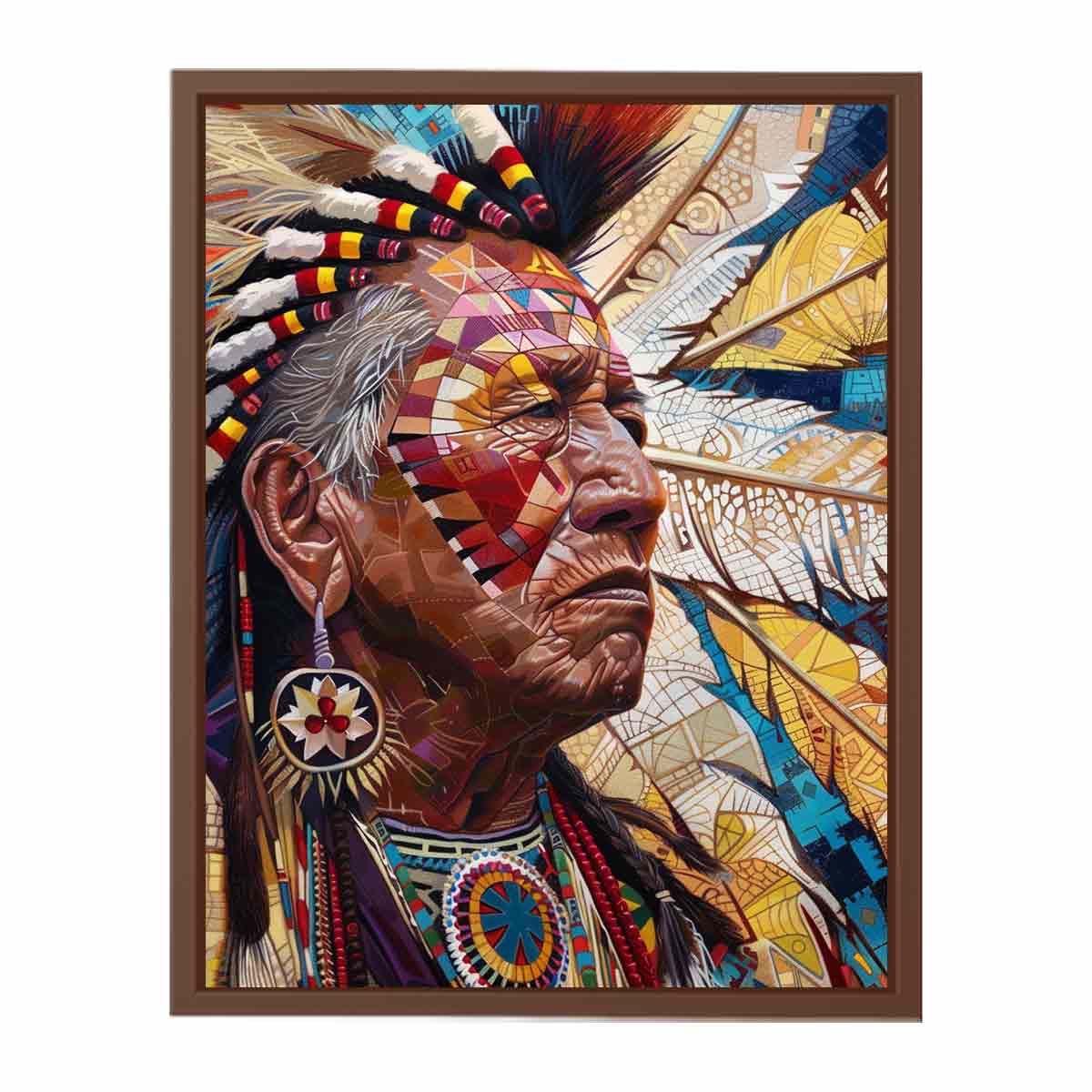 Detailed portrait with feathers and geometric face paint contemporary portrait illustration canvas art for modern home decor.
