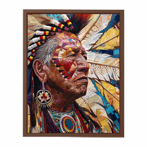 Detailed portrait with feathers and geometric face paint contemporary portrait illustration canvas art for modern home decor.