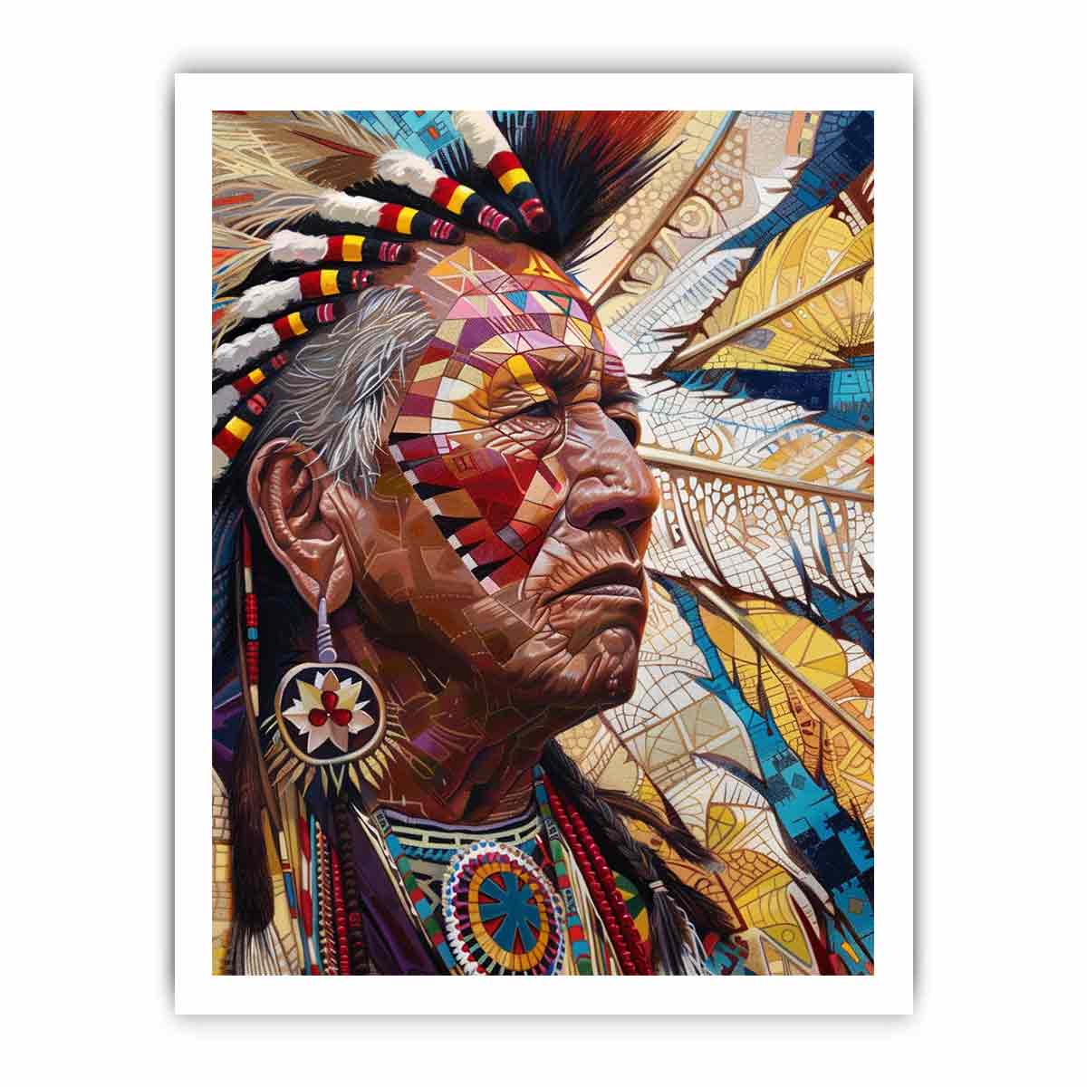 Detailed portrait with feathers and geometric face paint contemporary portrait illustration canvas art for modern home decor.