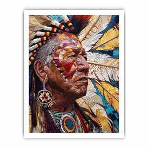 Detailed portrait with feathers and geometric face paint contemporary portrait illustration canvas art for modern home decor.