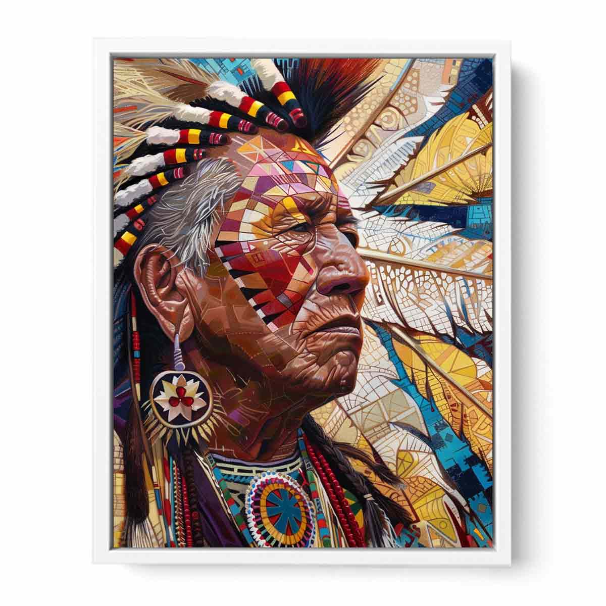 Detailed portrait with feathers and geometric face paint contemporary portrait illustration canvas art for modern home decor.