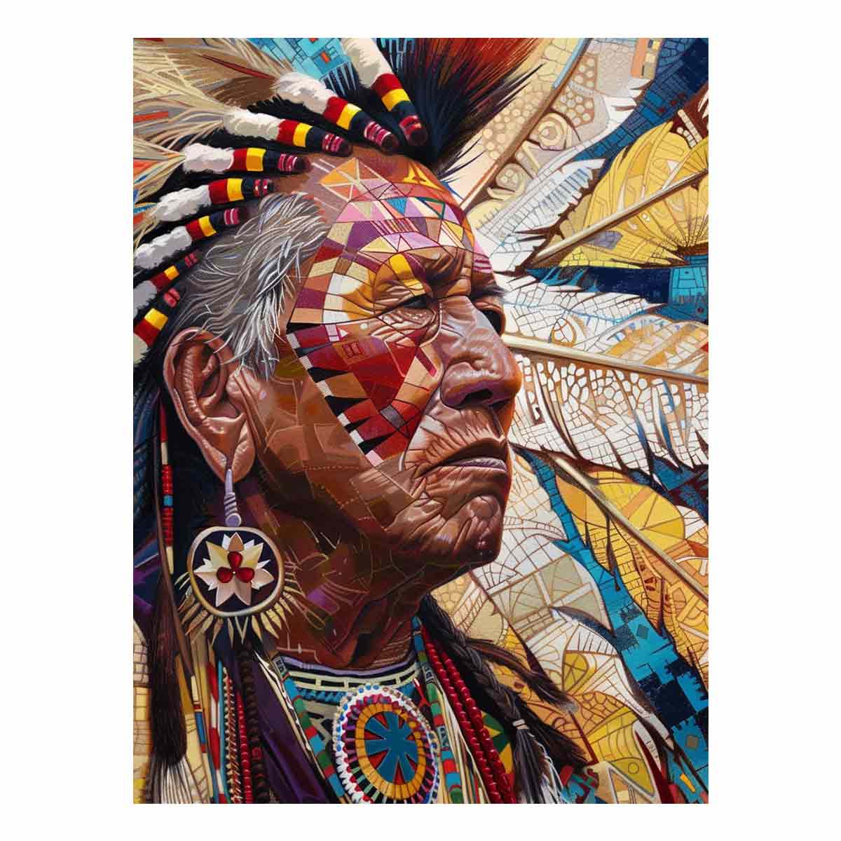 Detailed portrait with feathers and geometric face paint contemporary portrait illustration canvas art for modern home decor.