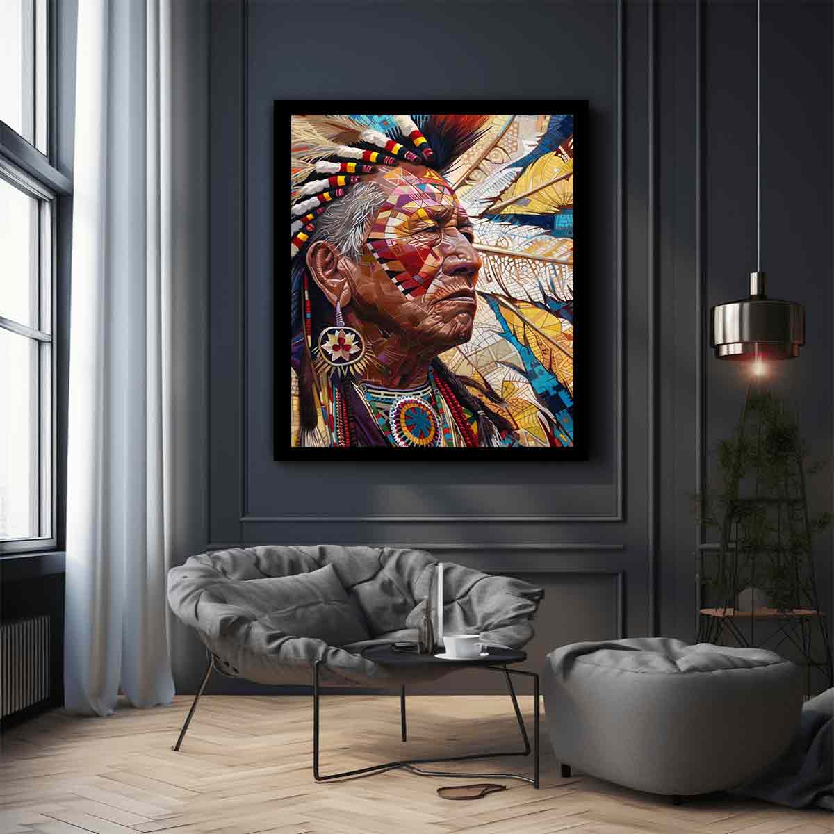 Detailed portrait with feathers and geometric face paint contemporary portrait illustration canvas art for modern home decor.