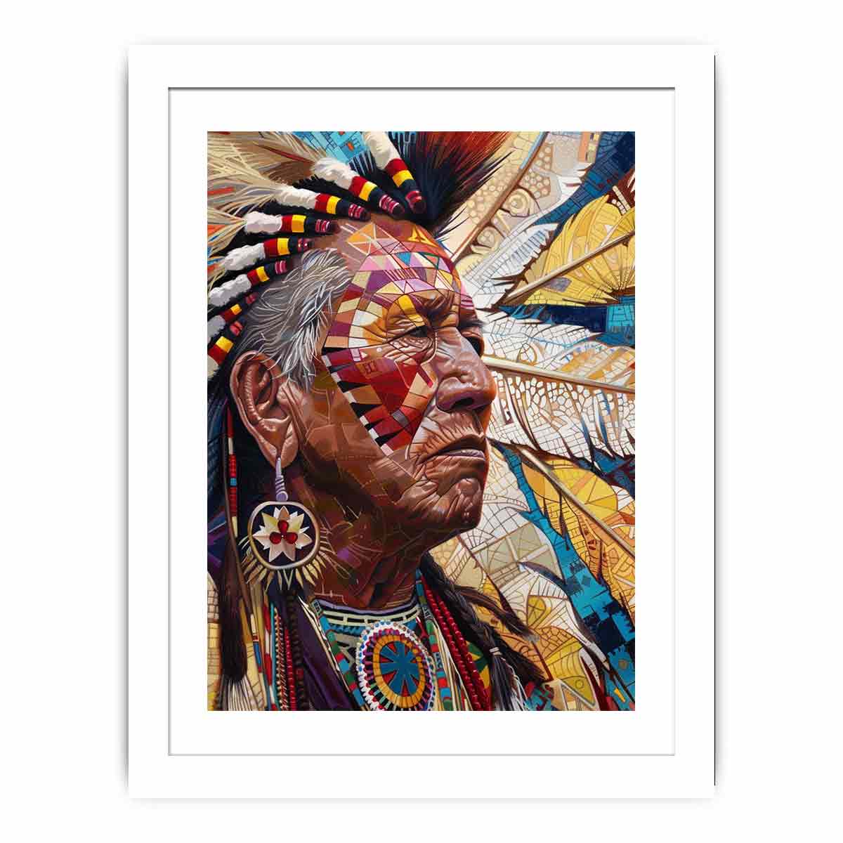 Detailed portrait with feathers and geometric face paint contemporary portrait illustration canvas art for modern home decor.