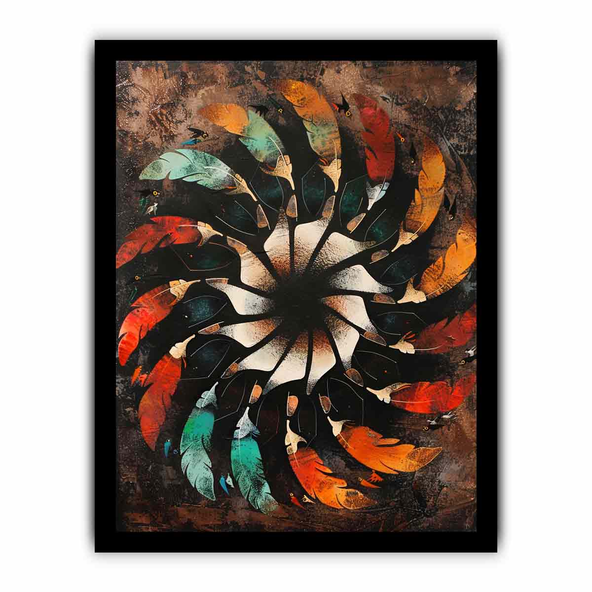 Abstract feather mandala on textured dark ground abstract boho pattern canvas art for modern home decor.