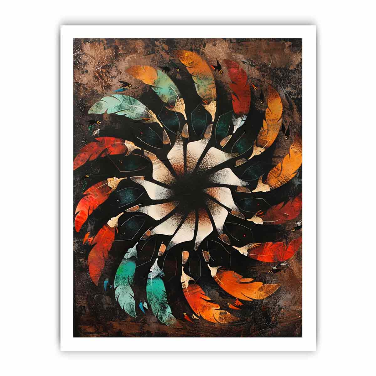 Abstract feather mandala on textured dark ground abstract boho pattern canvas art for modern home decor.