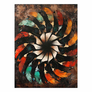 Abstract feather mandala on textured dark ground abstract boho pattern canvas art for modern home decor.
