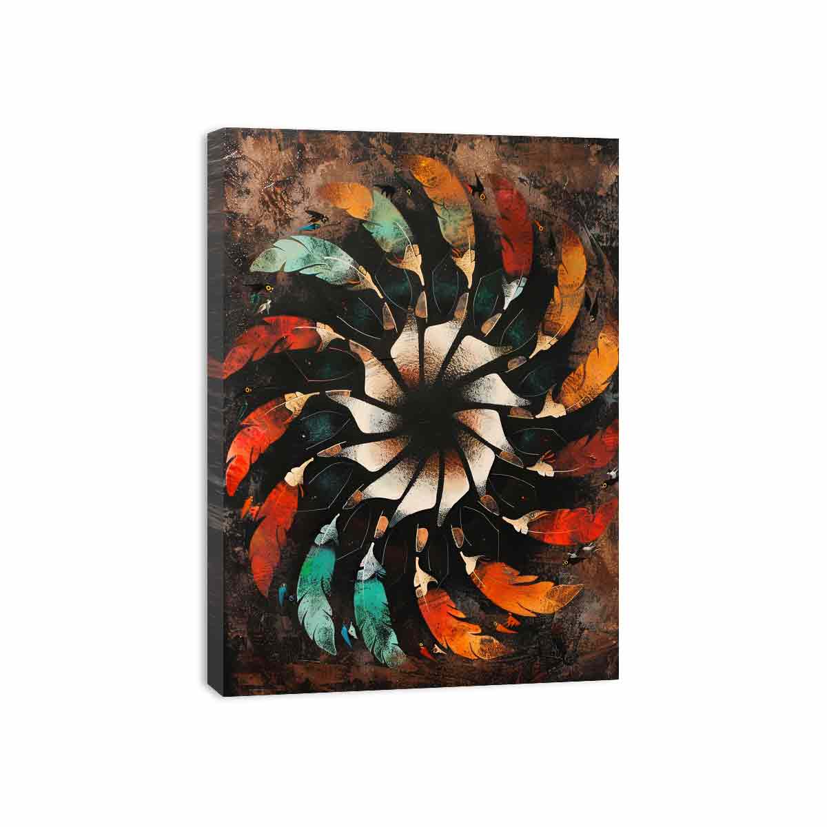 Abstract feather mandala on textured dark ground abstract boho pattern canvas art for modern home decor.