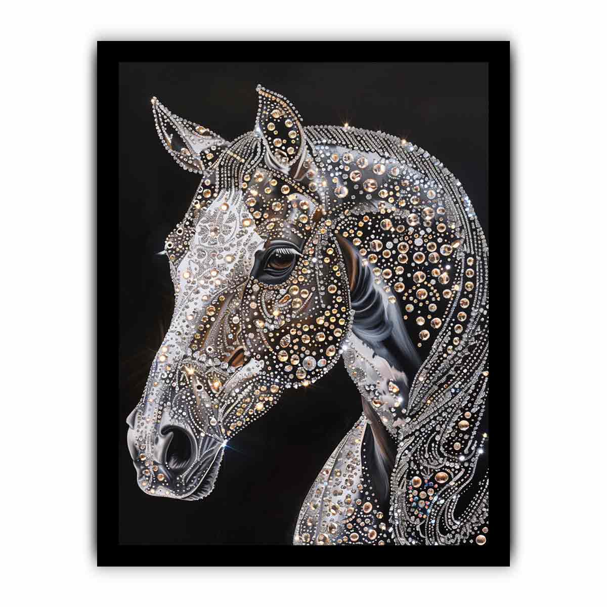 Black horse portrait with jeweled detailing glam equestrian artwork canvas art for modern home decor.
