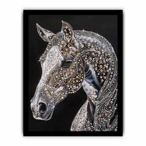 Black horse portrait with jeweled detailing glam equestrian artwork canvas art for modern home decor.