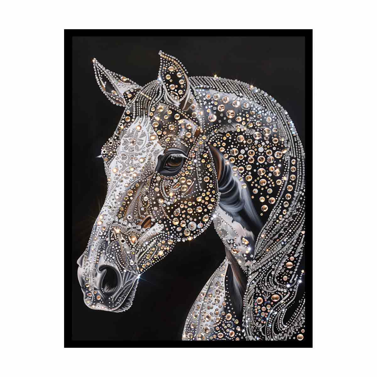 Black horse portrait with jeweled detailing glam equestrian artwork canvas art for modern home decor.