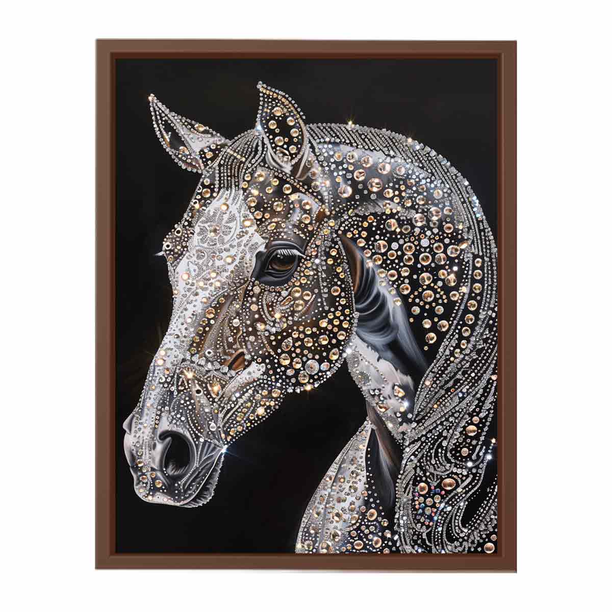 Black horse portrait with jeweled detailing glam equestrian artwork canvas art for modern home decor.