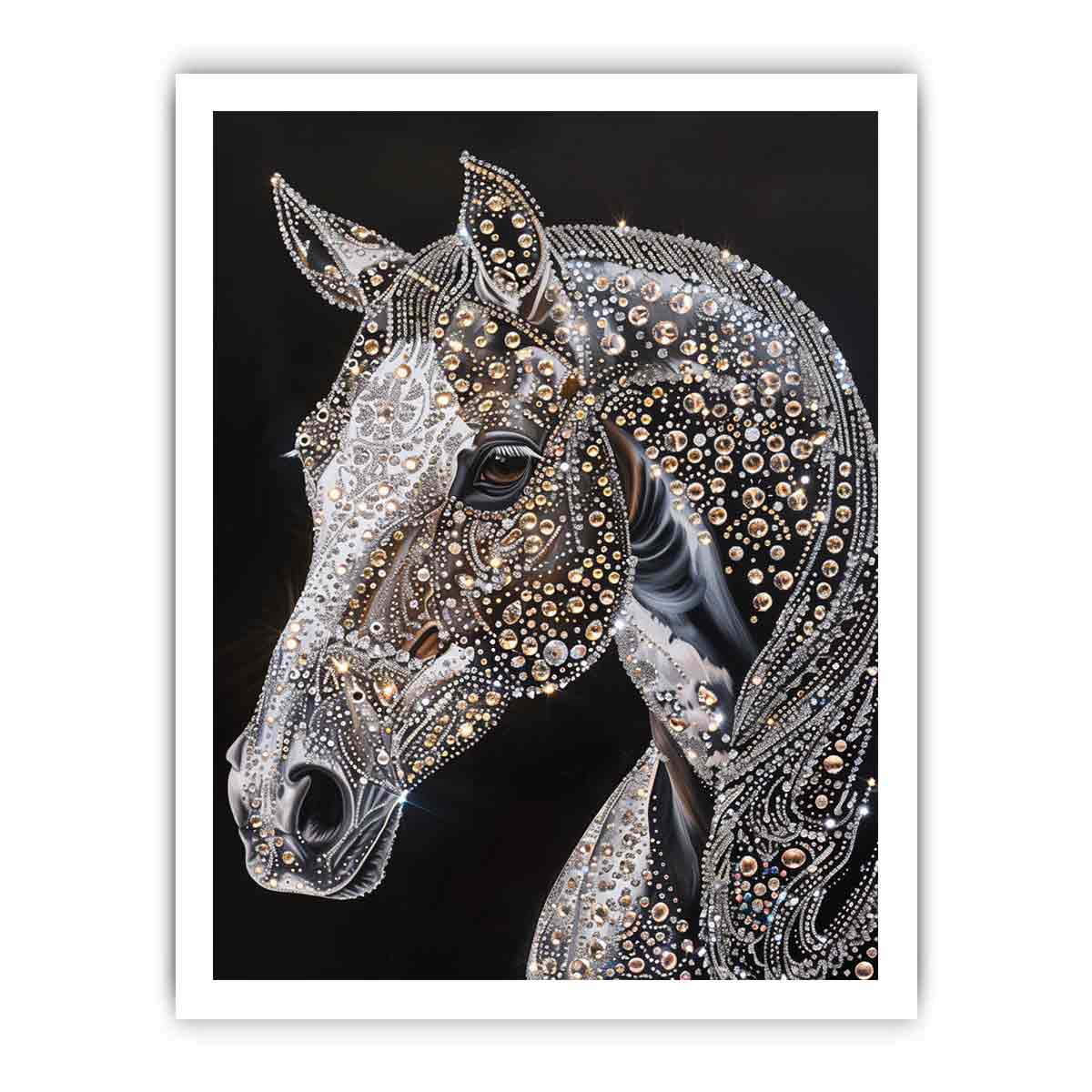 Black horse portrait with jeweled detailing glam equestrian artwork canvas art for modern home decor.