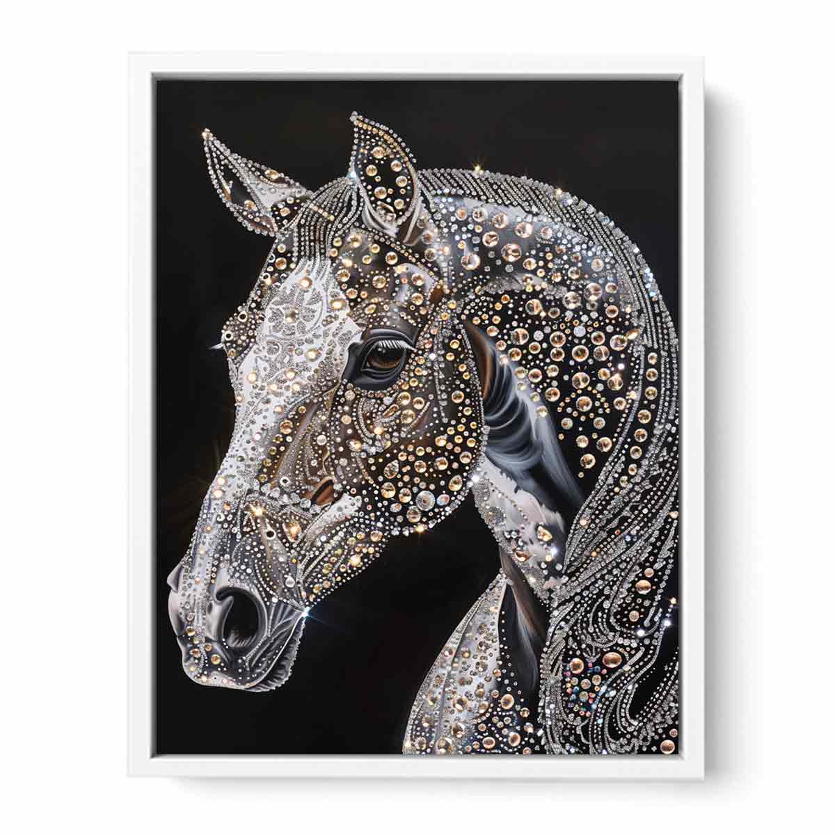 Black horse portrait with jeweled detailing glam equestrian artwork canvas art for modern home decor.