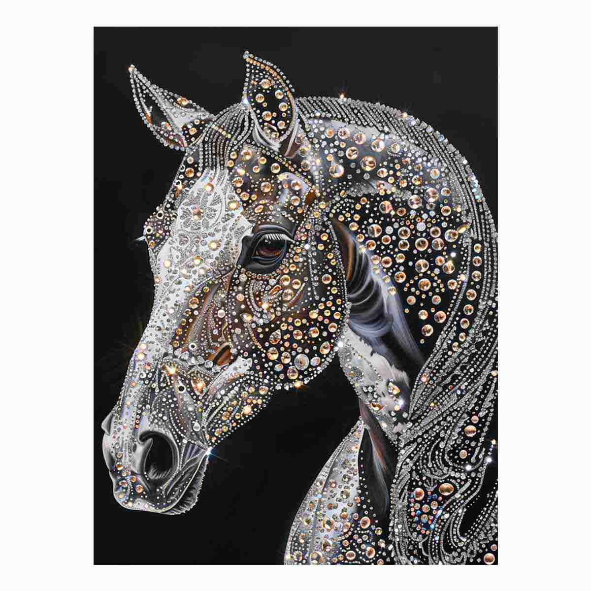 Black horse portrait with jeweled detailing glam equestrian artwork canvas art for modern home decor.