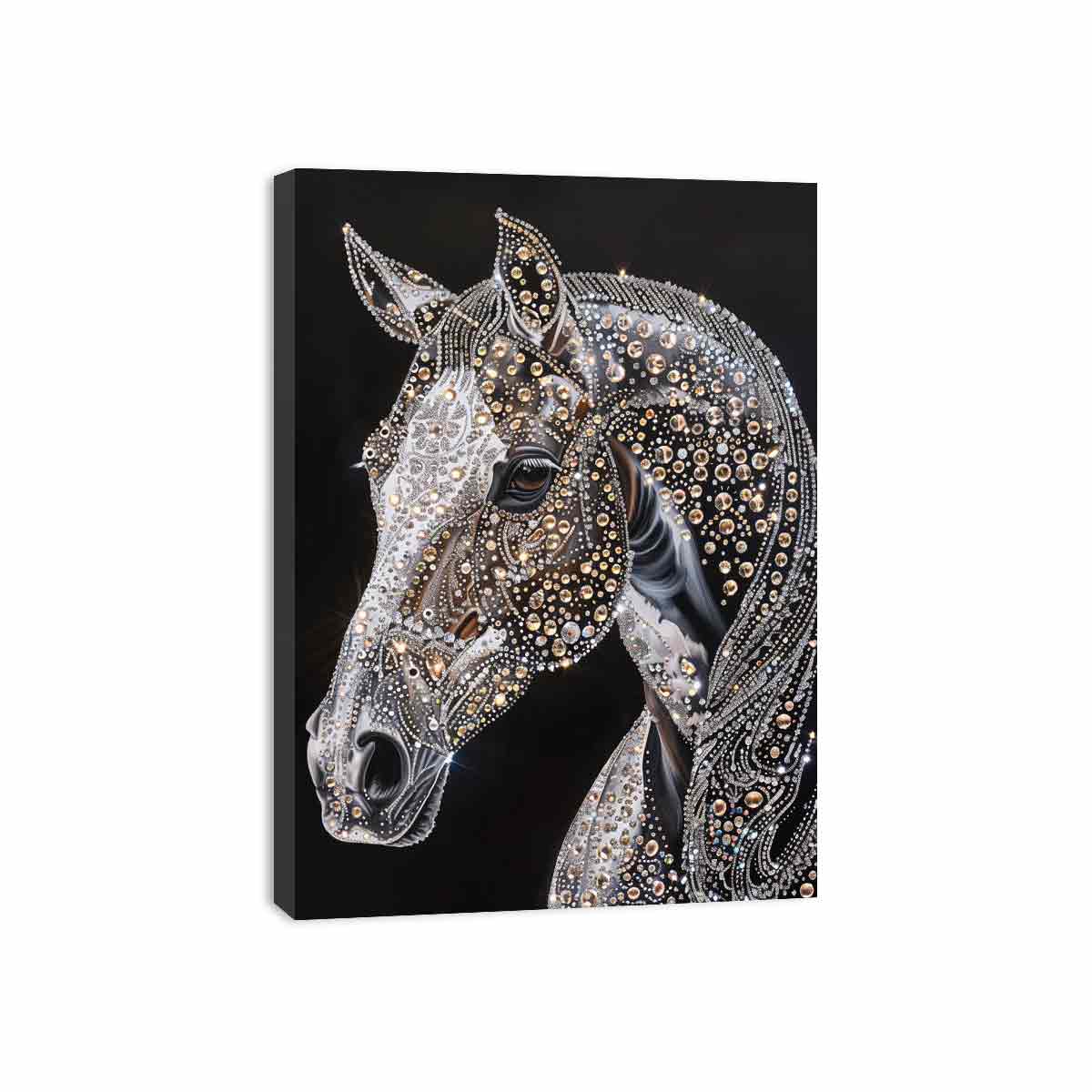 Black horse portrait with jeweled detailing glam equestrian artwork canvas art for modern home decor.