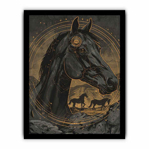 Black horse illustration with gold celestial circles art deco equestrian illustration canvas art for modern home decor.