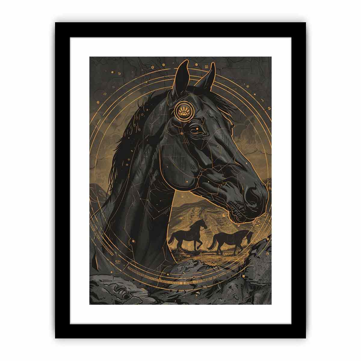 Black horse illustration with gold celestial circles art deco equestrian illustration canvas art for modern home decor.