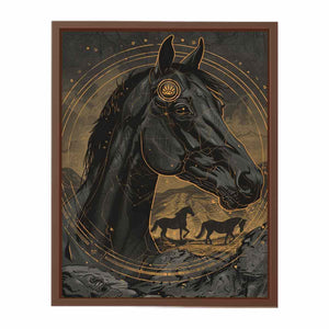 Black horse illustration with gold celestial circles art deco equestrian illustration canvas art for modern home decor.