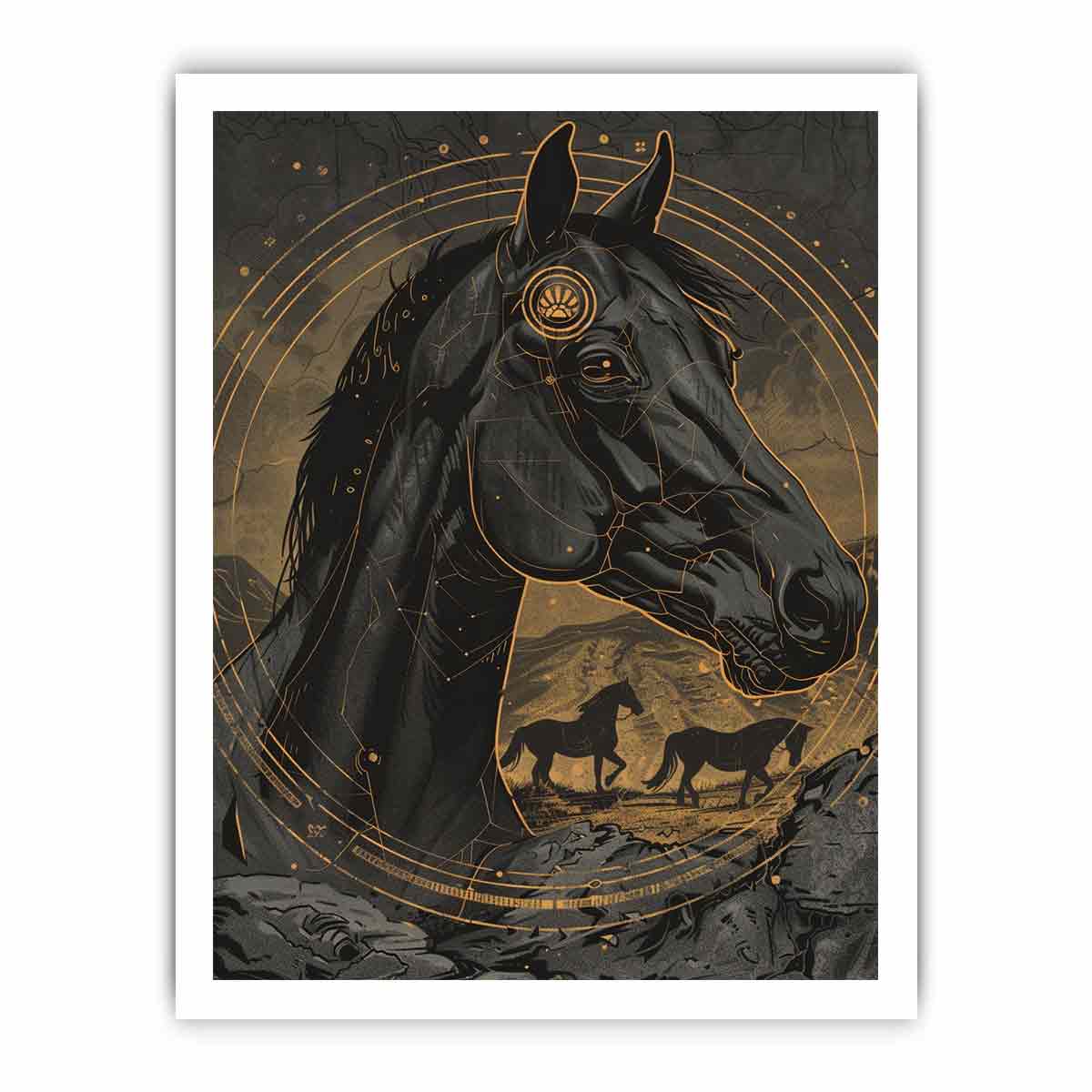 Black horse illustration with gold celestial circles art deco equestrian illustration canvas art for modern home decor.