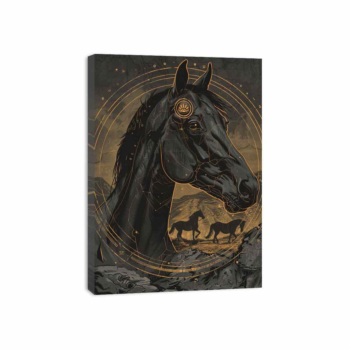 Black horse illustration with gold celestial circles art deco equestrian illustration canvas art for modern home decor.