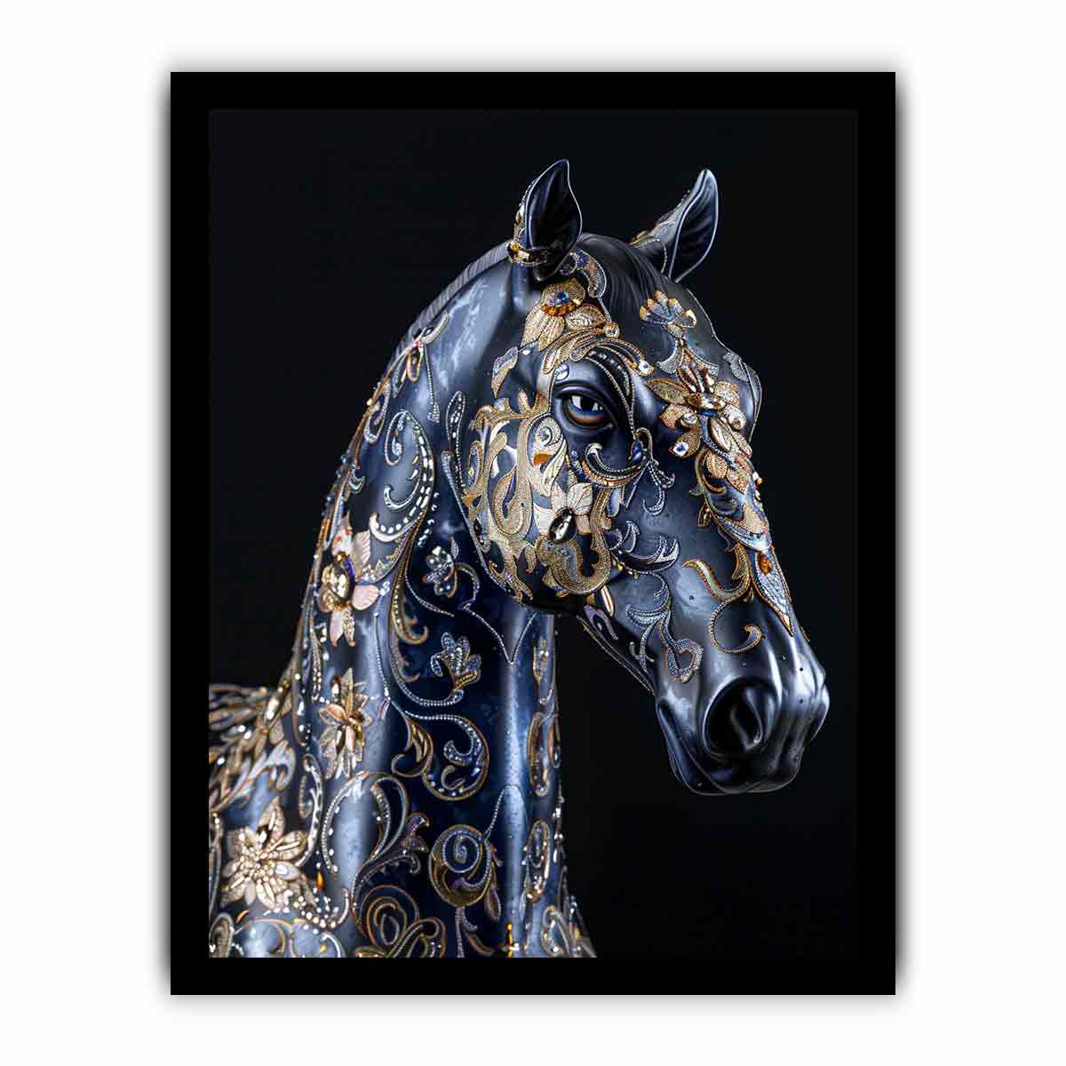 Blue black horse with gold floral ornament ornate glam equestrian art canvas art for modern home decor.