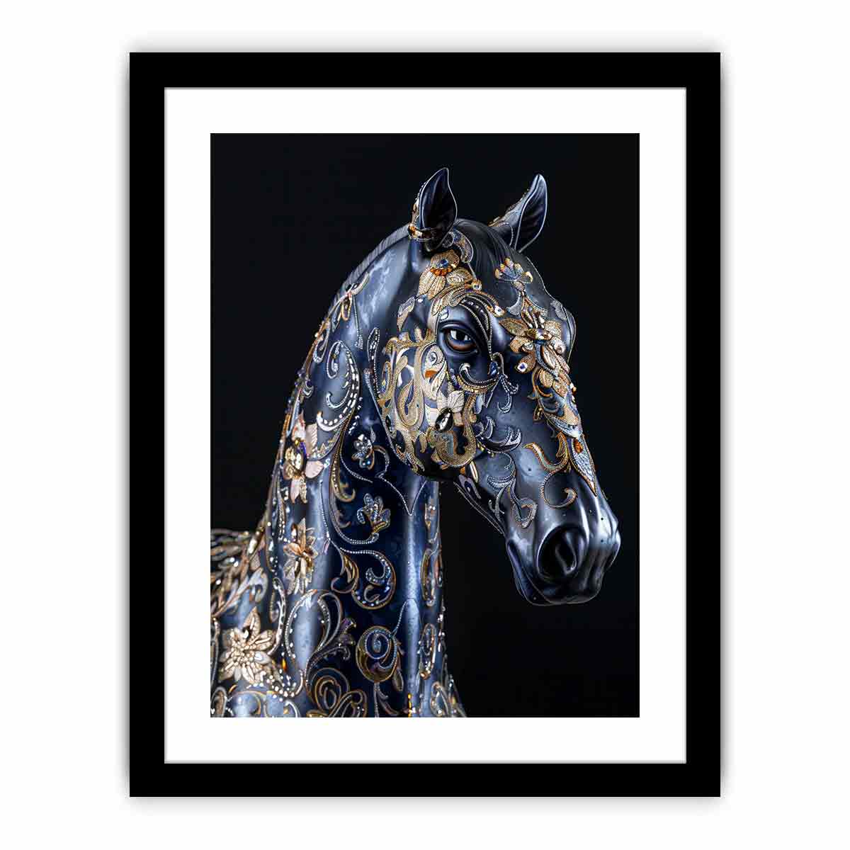 Blue black horse with gold floral ornament ornate glam equestrian art canvas art for modern home decor.
