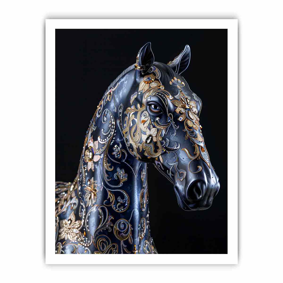 Blue black horse with gold floral ornament ornate glam equestrian art canvas art for modern home decor.