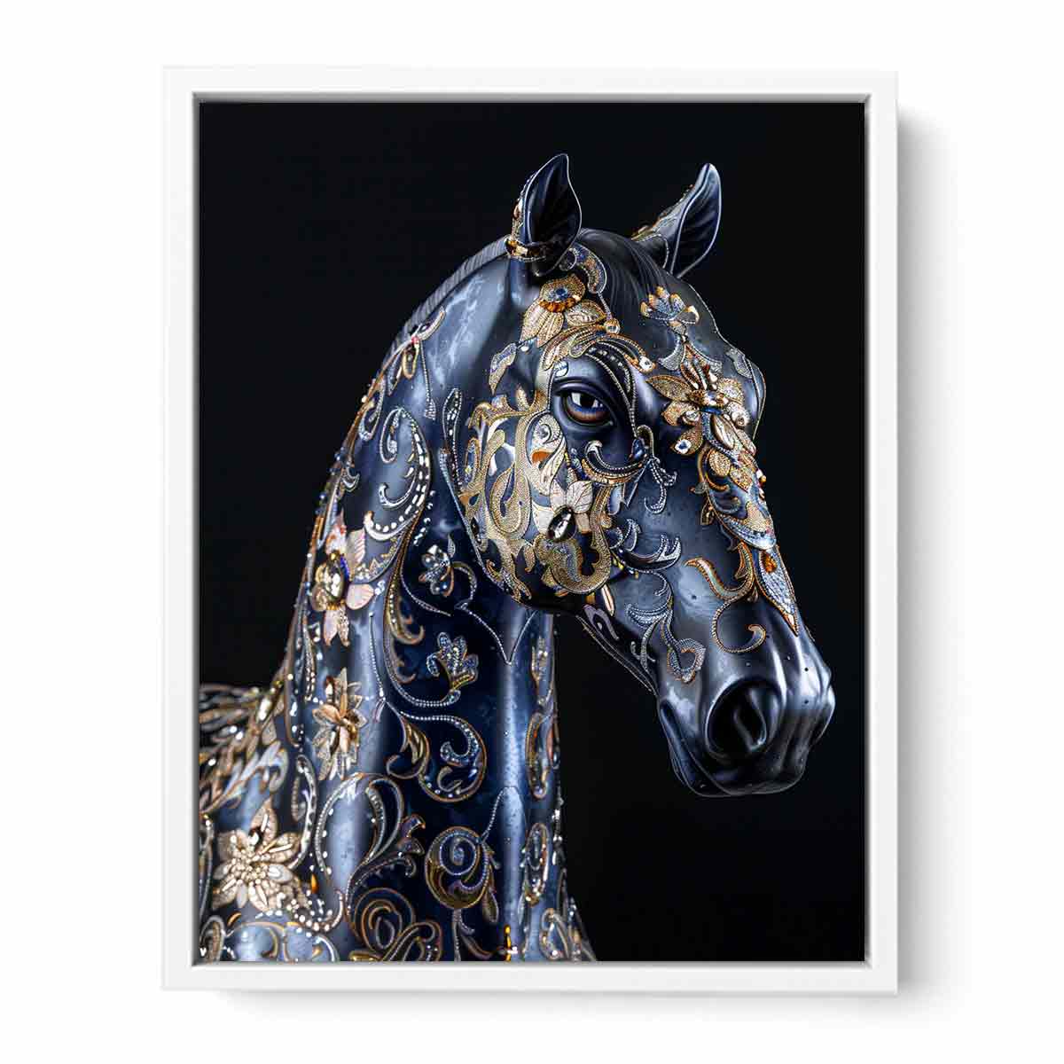 Blue black horse with gold floral ornament ornate glam equestrian art canvas art for modern home decor.